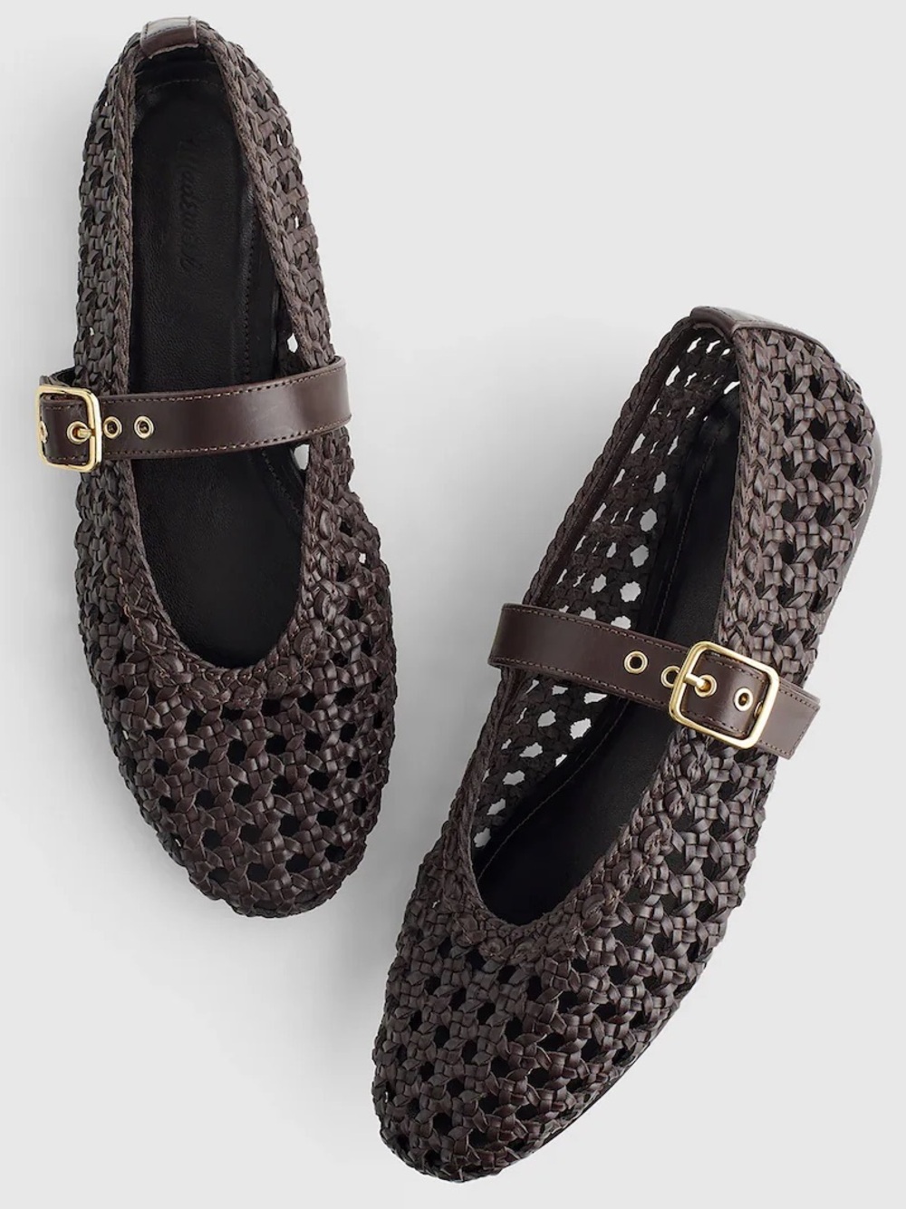 Madewell Brown Woven Mary Jane Flats with Gold Buckle